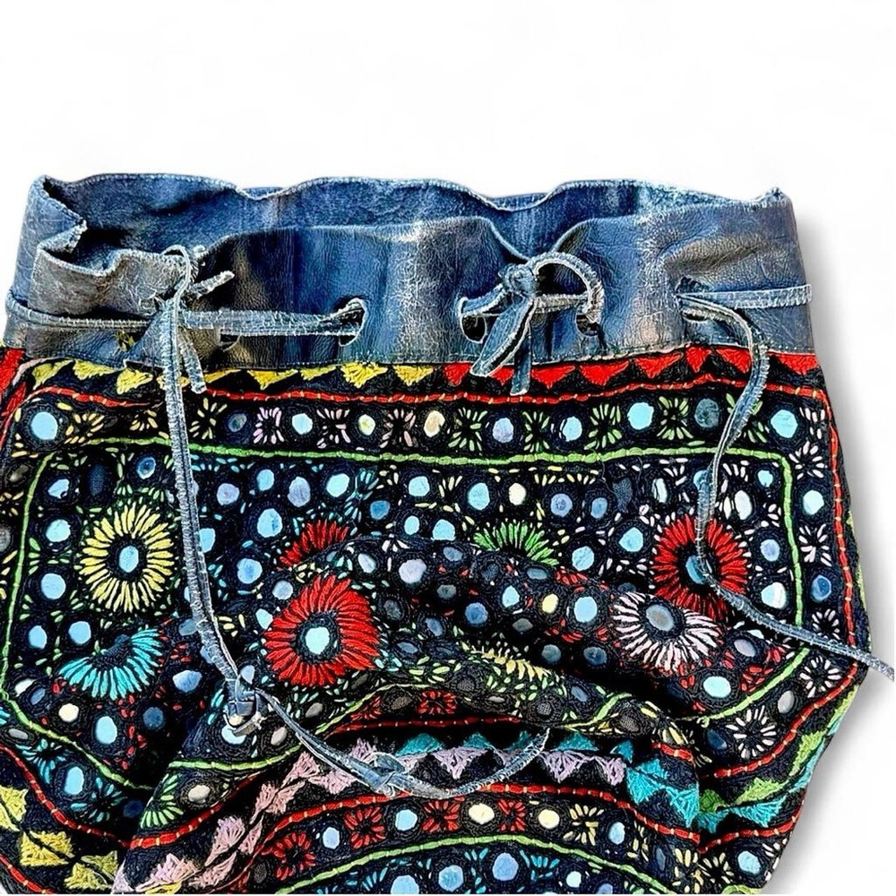 Rare 70s Bohemian Shisha Mirror Embroidered Pouch - Tribal Banjara - Picture 4 of 7